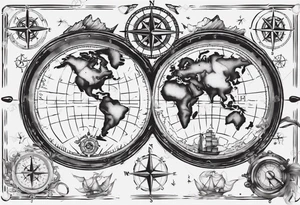 World map with a ship and compass tattoo idea
