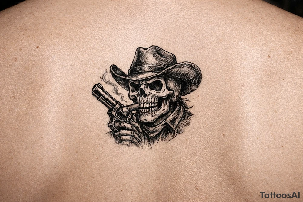 skull with cowboy-hat,a big cigar in his mouth and a gun in a hand. tattoo idea