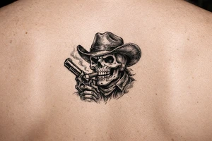 skull with cowboy-hat,a big cigar in his mouth and a gun in a hand. tattoo idea