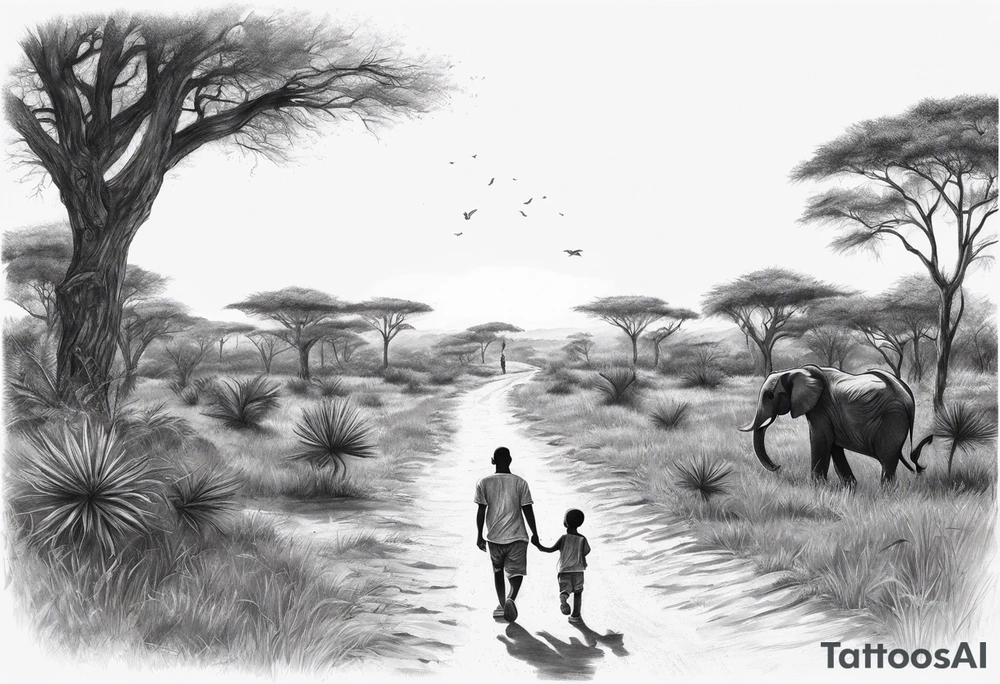 Child walking next to dad past away in Africa shape tattoo idea