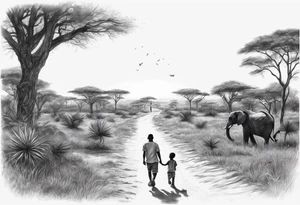 Child walking next to dad past away in Africa shape tattoo idea