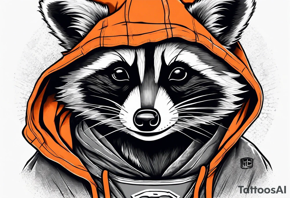 Raccoon wearing an orange Superman hoodie tattoo idea
