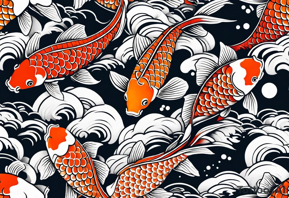 a koi fish surrounded by solid color background design tattoo idea