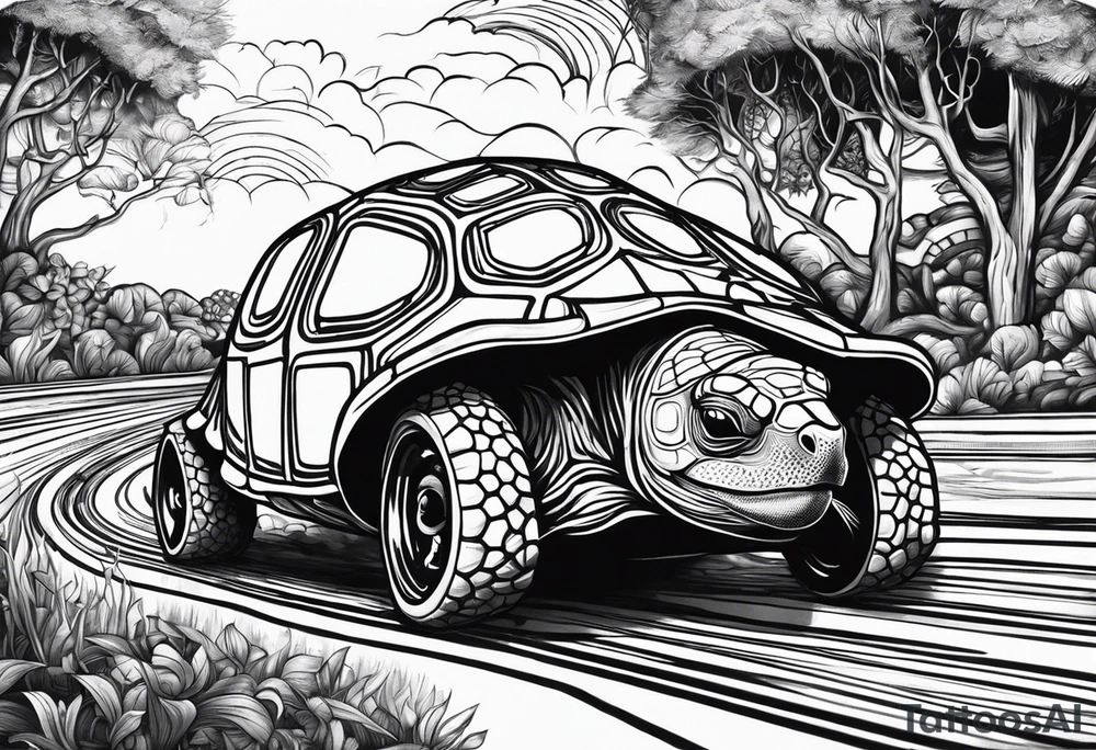 create a tatoo style image if the tortoise winning the face on a race track passing the hair on the tree. make the tortoise passing through the finsh line while raceway flags air flaring in the air at the finish line. make this tatoo style tattoo idea