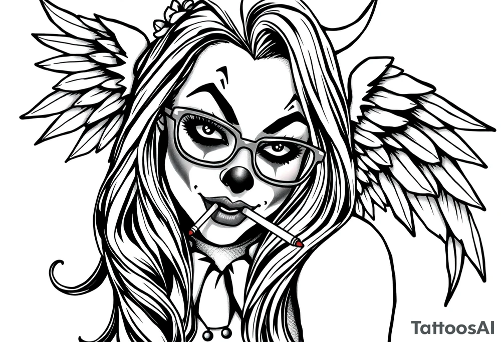 beautiful long hair Clown Girl thug eyeglasses angel wings smoking cigarette tattoo idea