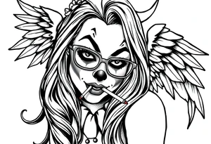 beautiful long hair Clown Girl thug eyeglasses angel wings smoking cigarette tattoo idea