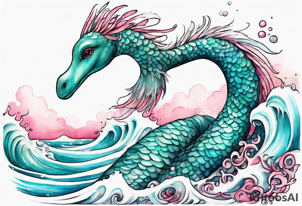 a beautiful feathered Nessie with turquoise and pink scales emerging from the waves tattoo idea