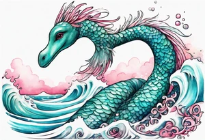 a beautiful feathered Nessie with turquoise and pink scales emerging from the waves tattoo idea