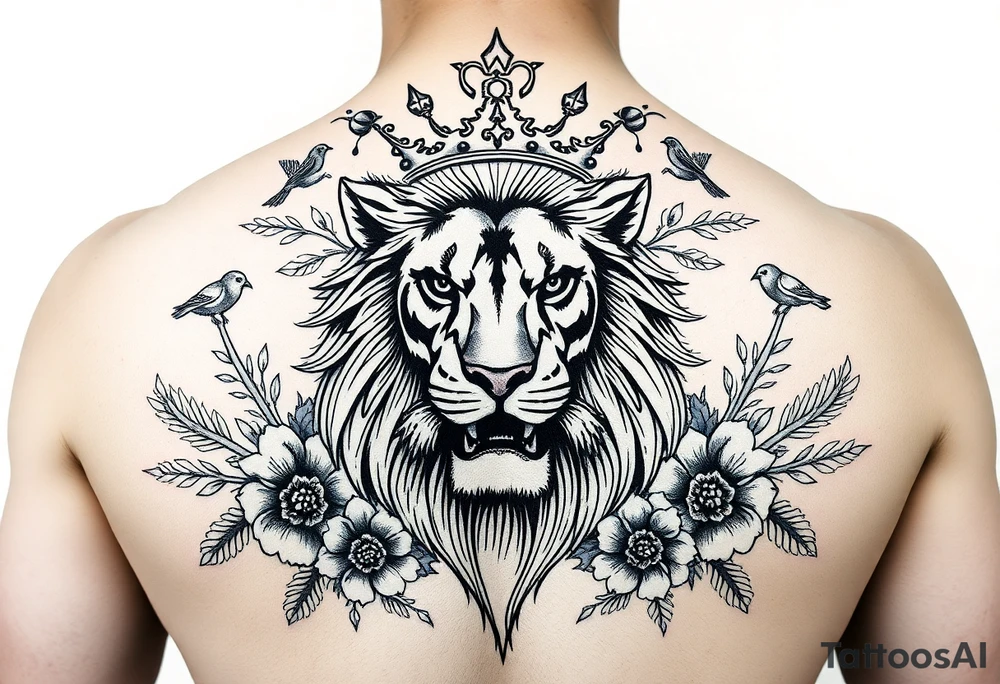 powerful majestic lion with a crown, surrounded by floral ornaments and birds tattoo idea