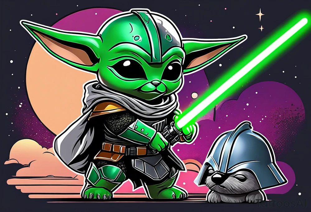 Baby grogu wearing mandalorian armor fighting Darth Vader while wielding a green lightsaber tattoo idea