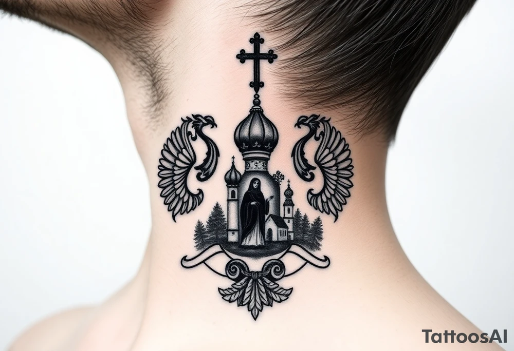 Traditional authentic Russian coat of arms with a Christian orthodox virgin marry in the middle and silhouette in a Russian wilderness Christian orthodoxy dome church village setting on the side of my neck tattoo idea