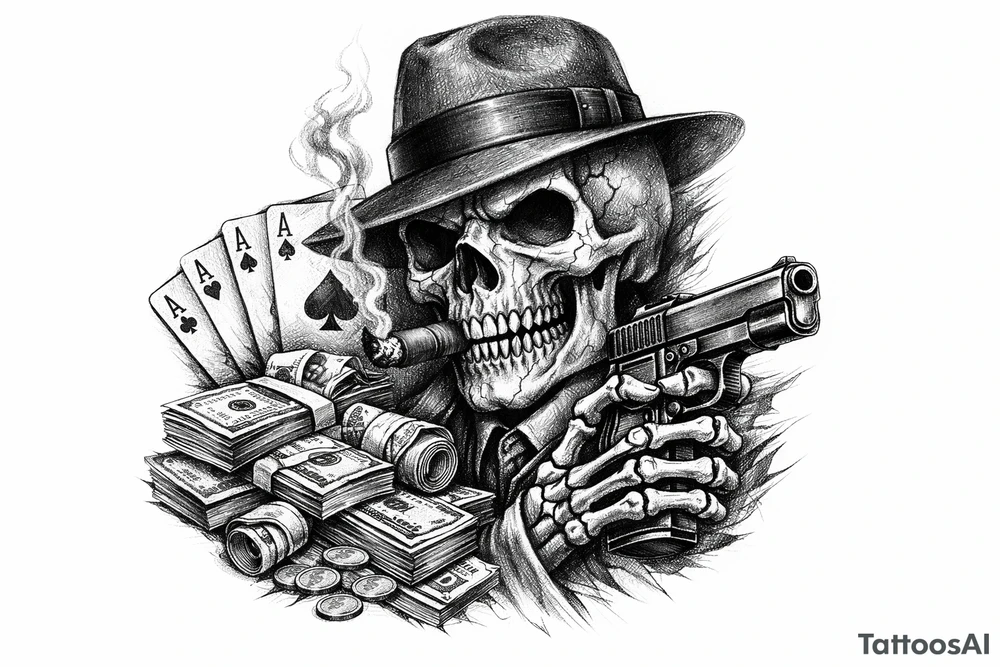 skull with gangster-hat,cigar in his mouth,gun in a skeleton-hand,playing cards,a lot of money. tattoo idea