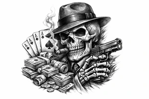 skull with gangster-hat,cigar in his mouth,gun in a skeleton-hand,playing cards,a lot of money. tattoo idea