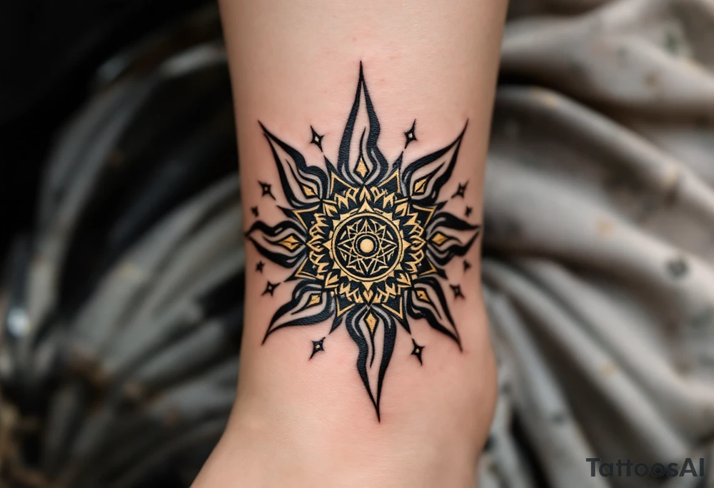 Designed in black and gold, this Celtic sun tattoo mimics an ancient coin of solar worship. tattoo idea