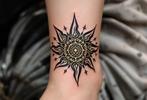 Designed in black and gold, this Celtic sun tattoo mimics an ancient coin of solar worship. tattoo idea