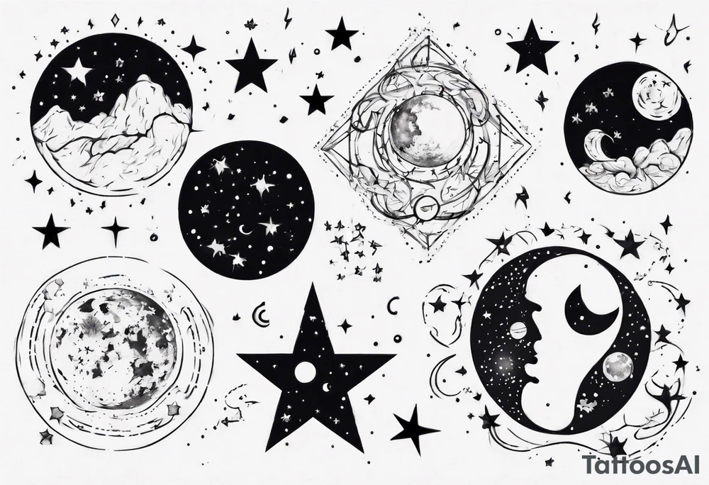 Night sky with moon and stars and constellations tattoo idea
