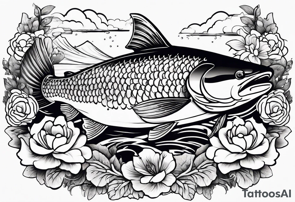 a majestic salmon surrounded by japanese floral elements tattoo idea