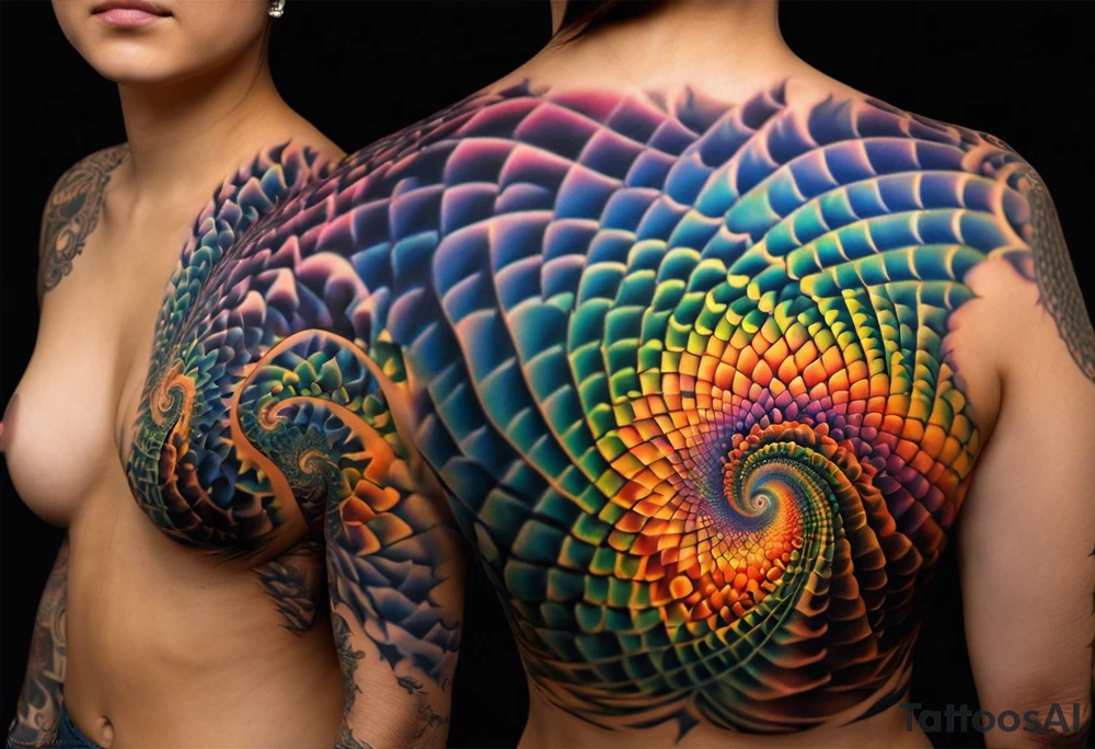 a mesmerizing tattoo featuring the Mandelbrot set. It's all about those intricate, self-similar patterns that repeat endlessly, no matter how much you zoom in. Imagine a delicate spiral of vibrant colors, swirling gracefully on the skin, like a window into the infinite depths of mathematics and artistry. Each curve and loop tells a story of complexity and beauty, inviting the viewer to get lost in its mesmerizing detail. It's not just a tattoo; it's a portal to a world of wonder and fascination tattoo idea