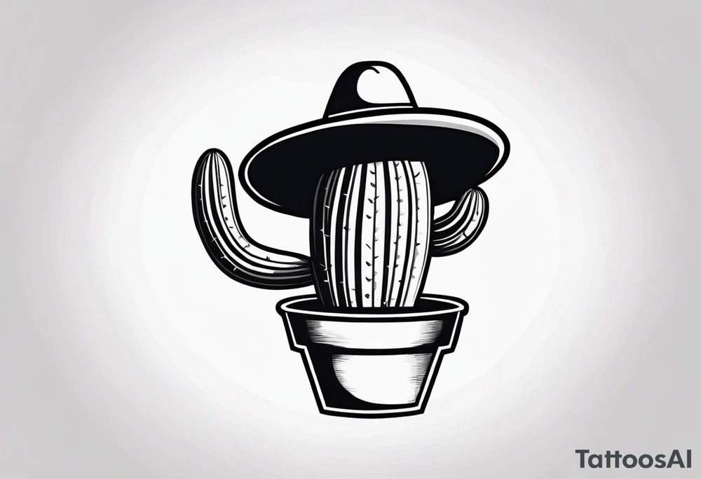 Cactus in a pot wearing a sombrero black and grey tattoo idea