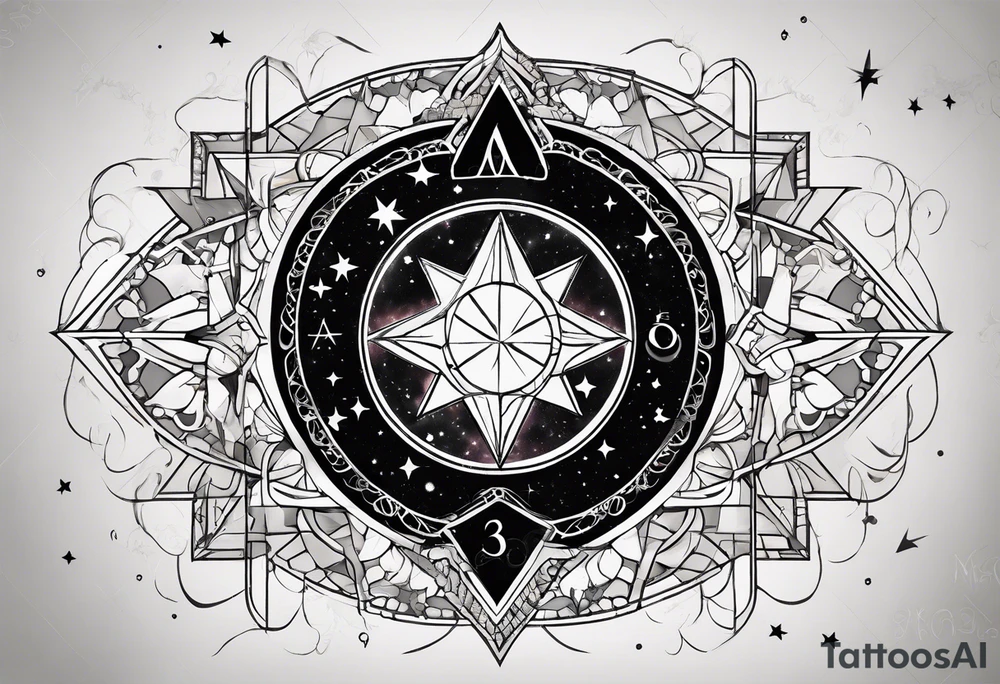 Matter, energy, space and time with an old stone theta symbol with stars in the background and Scorpio constellation tattoo idea