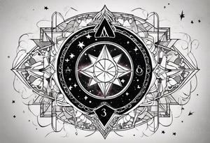 Matter, energy, space and time with an old stone theta symbol with stars in the background and Scorpio constellation tattoo idea