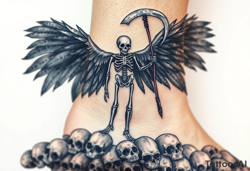 A skeletal angel standing on a pile of skulls, with black and gray feathers, and dark, brooding shadows with hints of metallic silver on the scythe. tattoo idea