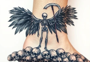 A skeletal angel standing on a pile of skulls, with black and gray feathers, and dark, brooding shadows with hints of metallic silver on the scythe. tattoo idea