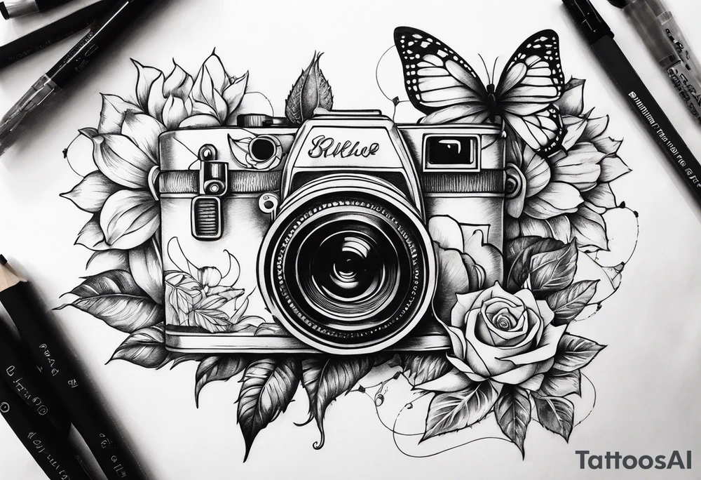Flower : rose , sunflower, camera, butterfly tattoo idea