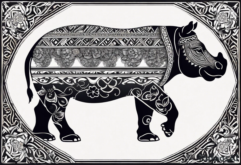 A foot long 2.5inches wide tattoo, containing a detailed hippo headwith tribal patterns in the middle, a full moon on the upper side, and some wintersweet flowwer on the bottom side, these three components are connected with arches, lines, little geometric patterns, the lines will ne fine and narrow tattoo idea