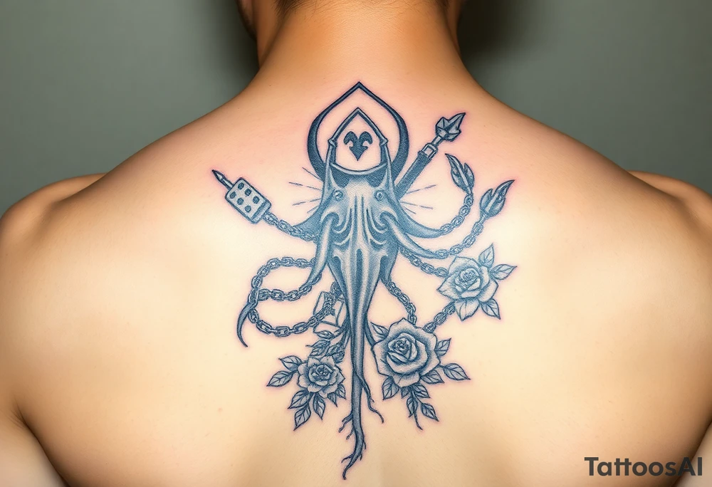 Squid and knight and sailor hat combined with chains, tree roots, cherry blossoms and roses rolling dice tattoo idea