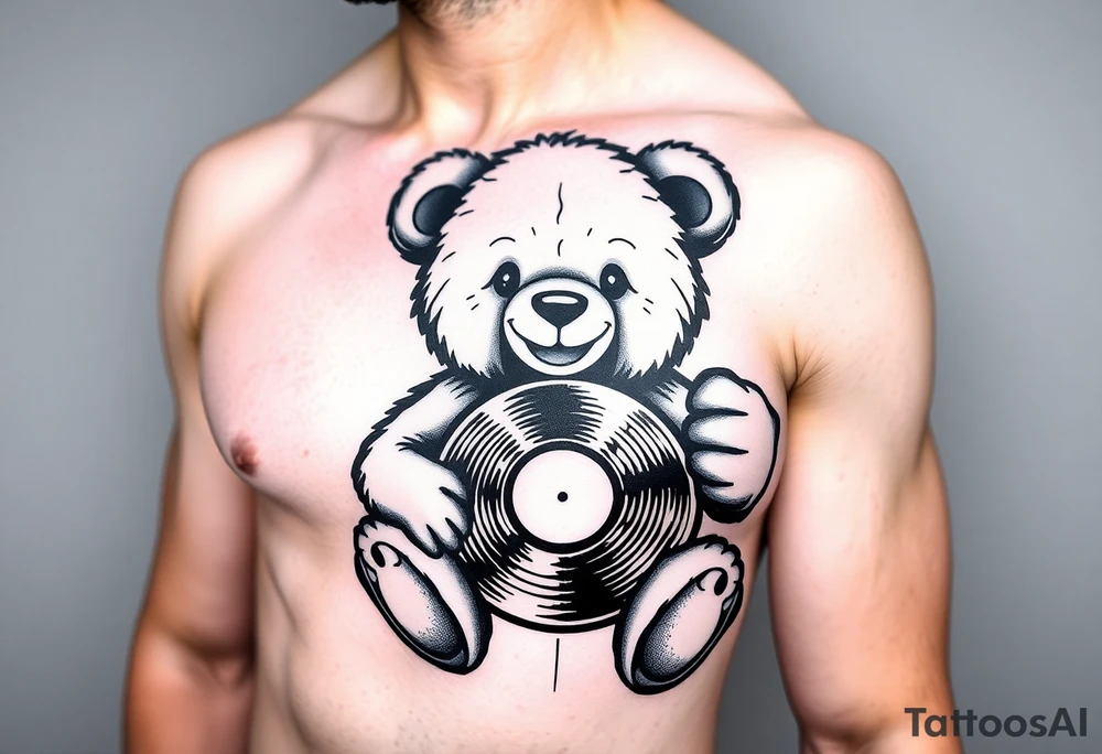 minimalist teddy bear smiling and holding a vinyl record tattoo idea