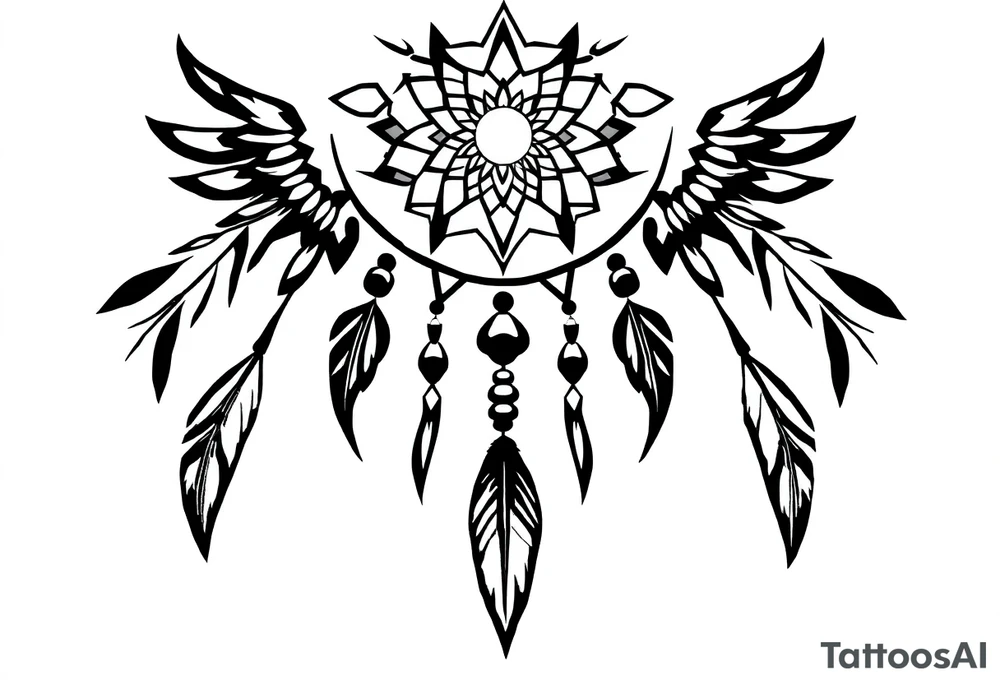 native dreamcatcher with flowing feathers and sacred beads tattoo idea