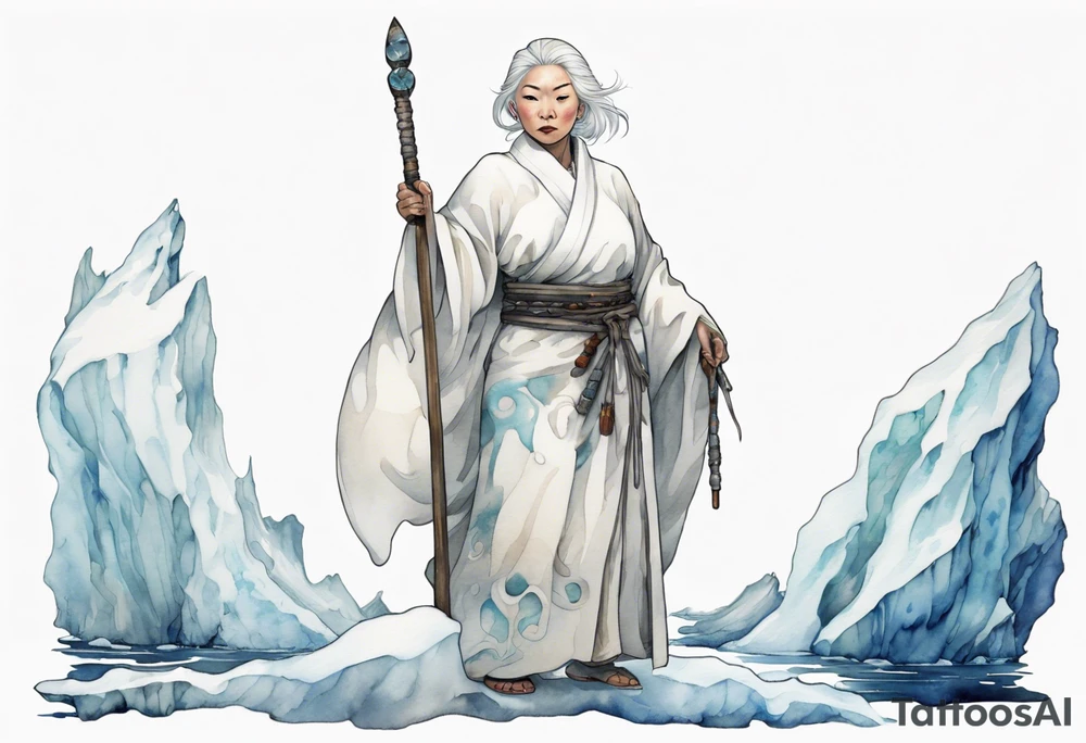 a 40 year old Inuit woman with white hair and a white robe holding a silver and white staff, standing on an iceberg tattoo idea