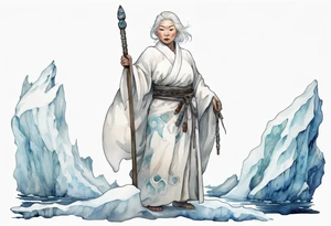 a 40 year old Inuit woman with white hair and a white robe holding a silver and white staff, standing on an iceberg tattoo idea