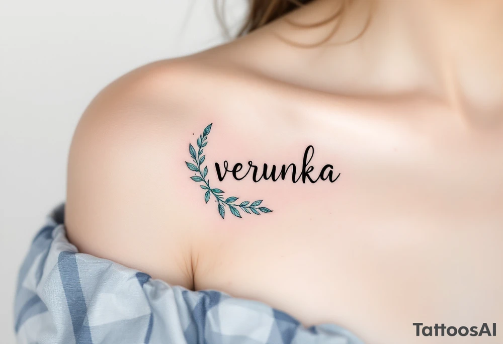 Verunka name encircled by a light teal dreamcatcher, with tiny feathers. tattoo idea