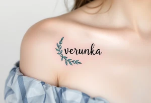 Verunka name encircled by a light teal dreamcatcher, with tiny feathers. tattoo idea