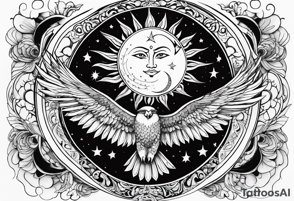 Large sun and moon tattoo that is tall 
Spiritual meaning behind it flowing into a falcon tattoo idea