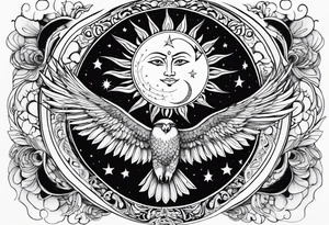 Large sun and moon tattoo that is tall 
Spiritual meaning behind it flowing into a falcon tattoo idea