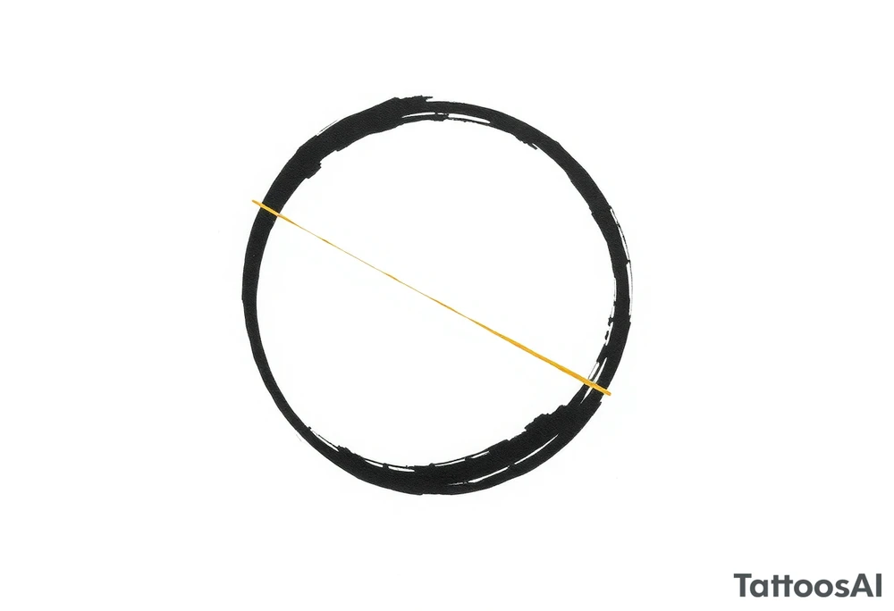A minimalist Japanese‑inspired tattoo design of a hand‑painted Zen ensō circle, drawn with a single rough black ink brushstroke. The circle is slightly imperfect, with visible dry‑brush texture and an intentional small gap on the right side to symbolize openness and incompleteness. Running diagonally across the circle is a single elegant kintsugi crack, as if the circle were made of ceramic that has broken and been repaired with gold. The gold line is thin where it begins at the lower left of the circle and gradually becomes thicker and brighter as it moves toward the upper right, suggesting a personal journey from loss and struggle toward growth, responsibility, and meaning. Keep the overall composition very clean and uncluttered, with no extra symbols, no text, and no background, focusing only on the expressive brushstroke circle and the single golden crack. Design it as a black and gray linework tattoo with a subtle metallic gold effect on the kintsugi line, suitable for a medium‑sized placement on the inner forearm. tattoo idea