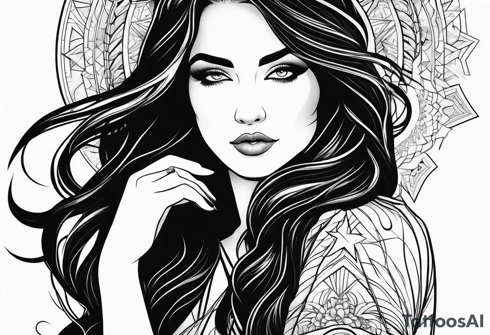 long haired woman reaching to stars tattoo idea