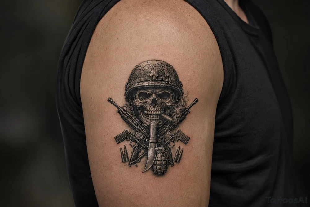 skull with military helmet, smoking cigar,crossed assault rifles, knife,hand grenade,cartridges, tattoo idea