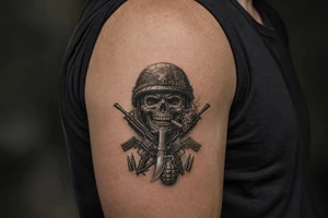skull with military helmet, smoking cigar,crossed assault rifles, knife,hand grenade,cartridges, tattoo idea