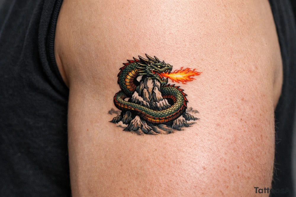 A fierce dragon coiled around a mountain peak, scales detailed, fire breath erupting. tattoo idea