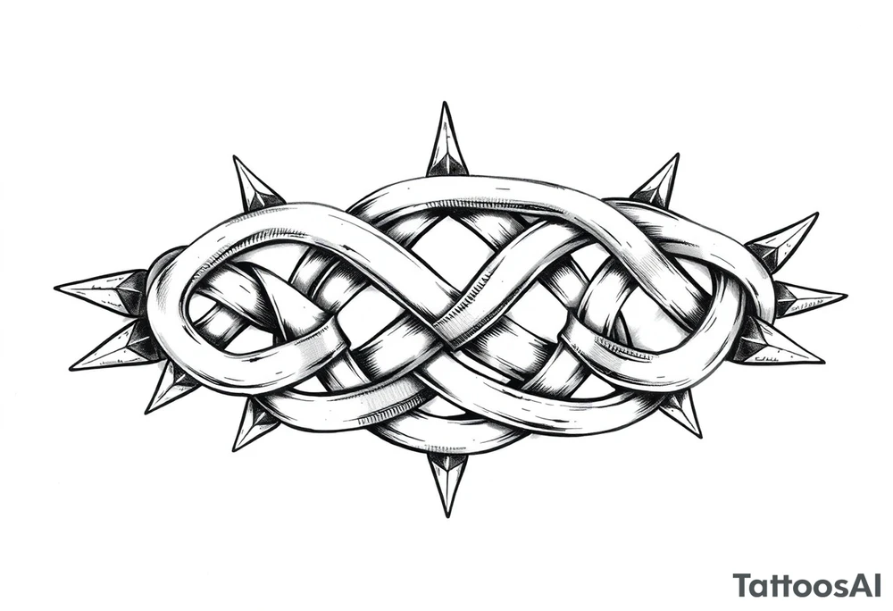 A Celtic knot armband with interwoven loops, featuring pointed ends that give it a dynamic, thorned or blade-like appearance. Designed to wrap the bicep and tricep like a torc or tribal band tattoo idea