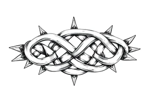A Celtic knot armband with interwoven loops, featuring pointed ends that give it a dynamic, thorned or blade-like appearance. Designed to wrap the bicep and tricep like a torc or tribal band tattoo idea