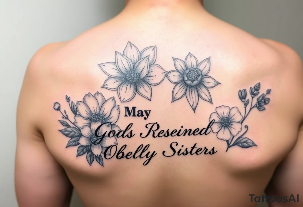 May birth flower and December birth flower with the words

Gods
Redeemed
Obedient
Salty
Sisters tattoo idea
