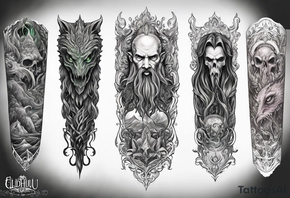 Cthulhu wrap around arm sleeve with other eldritch beasts tattoo idea
