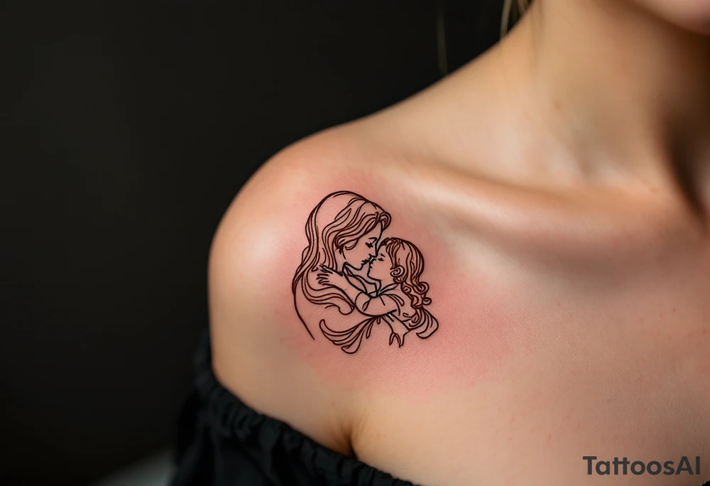 Parent and child silhouette beneath written "Barbora – 4.3.2018 v 16:45", drawn in warm brown lines. tattoo idea