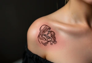 Parent and child silhouette beneath written "Barbora – 4.3.2018 v 16:45", drawn in warm brown lines. tattoo idea