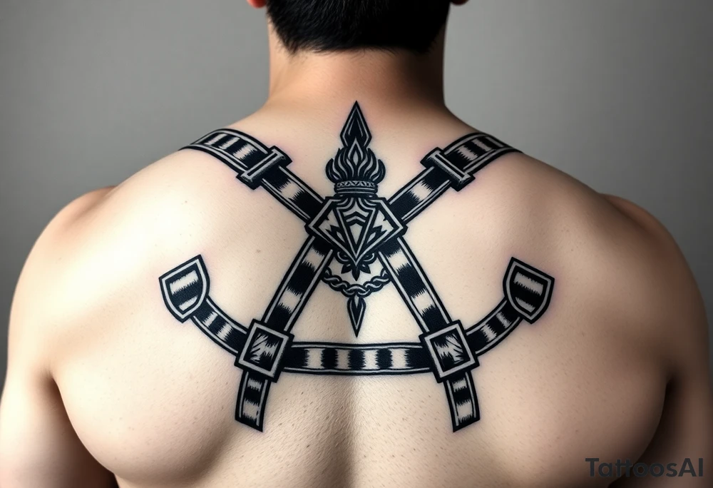 i want a tattoo that goes from the front to the back and and is similar to a harness. with connecting from my pecs to the back and also to my arms so they would be like the straps. i want to see the front and the back. i want it to be styled (the straps) like asian samoan type of pattern. please show the front tattoo idea